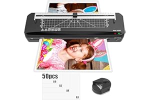 BAYGE Plastificadora, plastificadora A3 de 70 segundos calentamiento rápido, Máquina de Laminadora Frío y Caliente con Cortador Integrado y 50 bolsas laminadas para uso doméstico, oficina, escuela, fotos