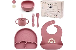 Lucky Koala® Coffret Repas Bébés en Silicone I Assiette et Bol avec Ventouse, Bavoir, Tasse et Cuillères d'apprentissage I Qualité Alimentaire I Sans BPA I Coffret Cadeau