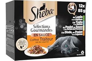 SHEBA Repas pour Chat - 72 Barquettes (Lot de 6 Packs 12x85g) - Pâtée pour Chat en Sauce avec Légumes - Lapin / Truite / Dinde / Poulet - Nourriture Complète & Equilibrée avec des Ingrédients Naturels