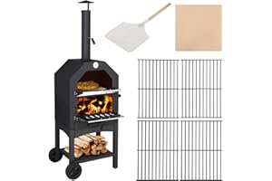 Outopee Outdoor Pizza Oven, Wood Fired Pizza Oven with Adjustable Chimney, Pizza Stone, Pizza Peel, Removable Wheels for Barbecue Camping Backyard Party