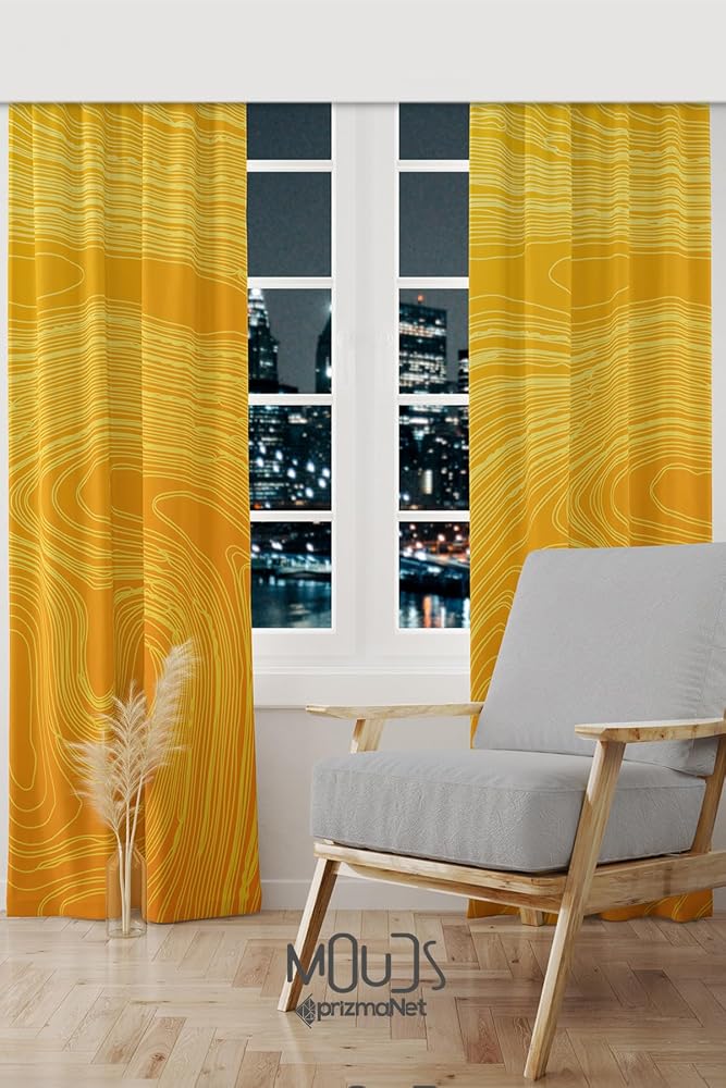 Yellow Wave Stile Desenli Süet Oturma Odası Salon Fon Perde Baskılı Ekstrafor Büzgü 2 Kanat PRD-1059