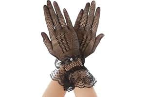 Yolev Short Fishnet Gloves, Black Gloves with Bow and Lace trim, Elegant Tea Party Glove for Dinner Party Costume Opera Prom Halloween