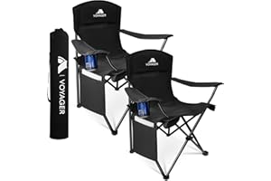 Voyager Folding Camping Chair 2-Pack, Lightweight with Pocket and Drinks Holder, Holds up to 120kg Each, Easy to Transport, Foldable Outdoor Chair Set -Black