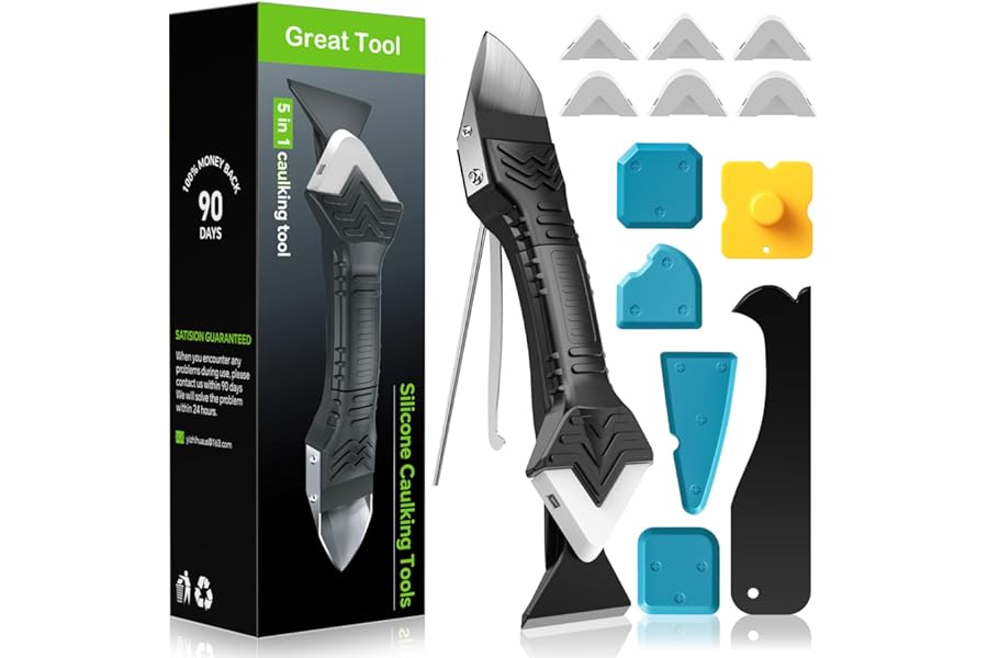 Caulking Tool 5 in 1 Silicone Caulking Grout Removal Sealant Finishing Tool with Grout Scraper, 6 Exchange Silicone Pads, Adhesive Residue Scraper Seam Repair Kit for Kitchen Bathroom White
