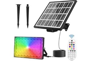 CLV Solarny reflektor RGB, lampa solarna RGB z pilotem zdalnego sterowania, IP66, reflektor LED, 10 kolorów, 30 trybów dynamicznych funkcja ściemniania, pamięci, timer, do ogrodu, na imprezę, drzewo