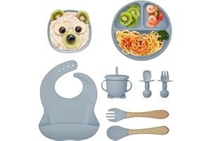 Saponhonix Coffret Repas Bebe, Lot de 8 Set Bol et Assiette Bébé Ventouse, Antidérapant en Silicone Sans BPA Bol & Cuillère d’apprentissage pour Bebe 1er Age, Sans BPA, Passe au Lave Vaisselle