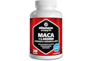 VITAMAZE - AMAZING LIFE Maca Negra Complex con L-Arginina, Tres tipos de Maca Andina (Negra, Amarilla y Roja) + Vitamina C, B6, B12 + Zinc, 240 Cápsulas, Raíz Peruana, Calidad Alemana, Sin Aditivos. Vitamaze
