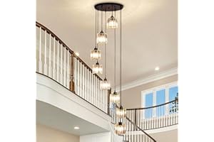 diisunbihuo Black High Ceiling Staircase/Stairwell Chandelier, Long Drop Spiral Crystal Pendant Light, 8-Light E26, Height Adjustable, Canopy 15.7", Bulbs Not Included