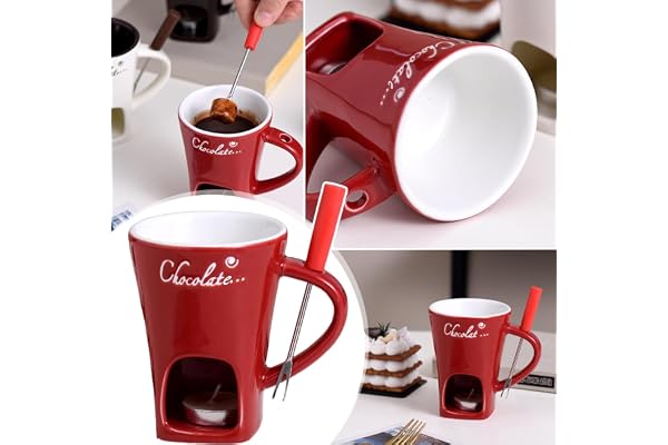 Tasse à Fondue au Chocolat, 200 ML Services à Fondue au Chocolat, Tasse à Fondue au Chocolat en Céramique, Tasse à Fondue avec Fourchette et Bougie À Thé, Tasse à Fondue pour Bonbons et Chocolat
