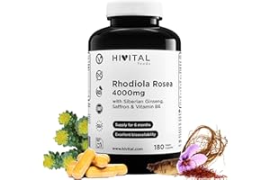 HIVITAL FOODS Rhodiola Rosea 4000 mg. 180 vegane Kapseln für 6 Monate. Mit Extrakten aus Rhodiola Rosea, sibirischem Ginseng, Safran und Vitamin B6. Hergestellt von HIVITAL