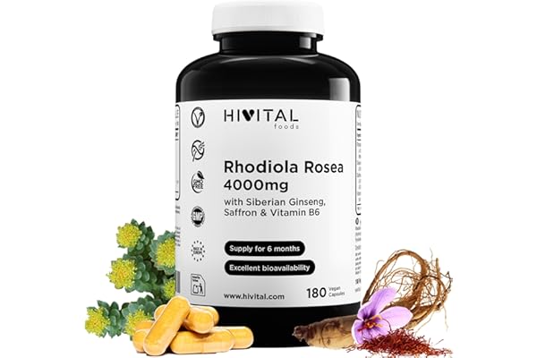 Rhodiola Rosea 4000 mg. 180 gélules végétaliennes pour 6 mois de traitement. Rhodiola avec 3% Salidrósides, avec Ginseng Sibérien, Safran et Vitamine B6. Fabriqué en Europe par HIVITAL