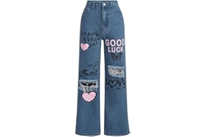 Momolaa UK Girls Cute Jeans Straight Wide Leg Jeans Letter Print Relaxed Fit Pants Streetwear Y2k Trousers Elastic High Waisted Loose Fit Demin Pants for Teenage Girls