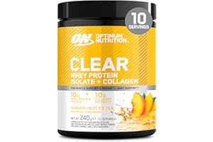 Optimum Nutrition Clear Whey + Collagen, Summer Fruit Ice Tea Flavour, 10 g Whey Isolate and 10 g Collagen Peptides per Serving, Clear Protein Drink for Joint*, 240 g, 10 Servings
