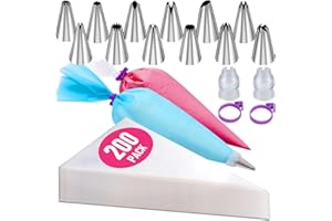 WDDEEVOI 200Pcs Piping Bags and Nozzles Set, 12 Inch Pastry Bags, Icing Bags Disposable with 1 Reusable Piping Bags, 12 Nozzles, 2 Couplers, 2 Bag Ties