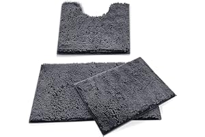 MEGAROOM Non Slip Chenille Bath Mat Sets 3 Pieces - Soft and Anti Mould Bath Mats for Safety and Comfort - Water Absorbent and Quick Drying - Bathroom Carpet Set with U-Shaped Toilet Mat（Dark Grey）