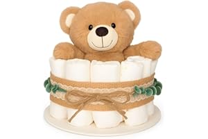 MilaBoo® Tarta de pañales estilo boho para niño y niña, regalo para nacimiento con pañales hipp, tamaño 2, 20 cm, osito de peluche, eucalipto, yute y tarjeta "Hello Baby", regalo para bebés hecho a