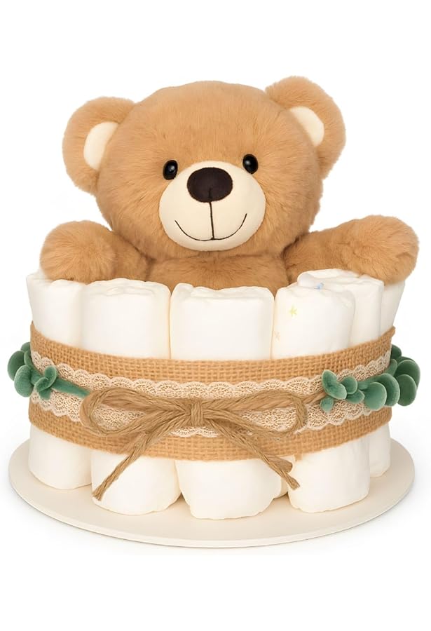 Torta Di Pannolini Stile Boho Vintage, Regalo Nascita Made In Germany Con Asciugamano Koala, 26 Pannolini Taglia 2