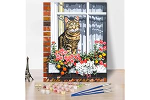 TISHIRON Peinture par numéros - Peinture à l'huile - Motif floral - Pour adultes et enfants - Sur les animaux de fenêtre - Décoration murale avec pinceaux - Pigment acrylique pour la maison et le