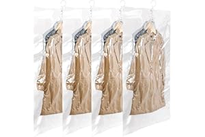 Luziyun Vakuumbeutel zum Aufhängen,4 Stück (110x70cm),platzsparende Vakuumbeutel für Kleidung,Anzüge,Mäntel,Jacken,transparenter und wiederverwendbarer Schrank-Organizer mit Haken
