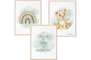 Mutzauber® 3er Set Poster Kinderzimmer A4 | Bilder Kinderzimmer | Deko Babyzimmer Jungen Mädchen | Bilder Bär Tiere Bilder Kinderzimmer ohne Rahmen (grün, Löwe)