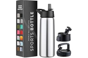 GARUET 750ml Triple Walled, Insulated Water Bottles with Straw - Stainless Steel Metal Bottle W/ 3 Leak Proof Lids - For Travel, School, Sports, Gym/Men, Women (Brushed Stainless Steel)