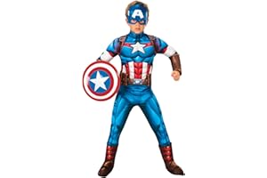 Rubies Disfraz Capitan America Deluxe para niños y niñas, Jumpsuit con pecho acolchado, cubrebotas y máscara, Oficial Marvel para Carnaval, Navidad, Cumpleaños, Fiestas y Halloween