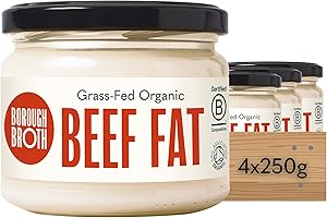 Borough Broth Organic Grass Fed Beef Tallow – 4 x 250g Jar – Organic Tallow – Grass-Fed Alternative to Oil & Butter – Natural Beef Dripping for Roasting & Frying