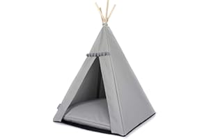 Halkalife Cat teepee with pompons, cat waterproof tent and dog luxury tent, cat wigwam, cat house, cat nest (M, Grey, Grey)