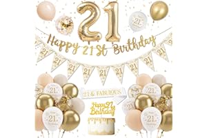 DJLLA 21st Birthday Decorations for Her, Sand White Gold Birthday Balloons, 21st Birthday Banner, 21st Birthday Balloons, Confetti Latex Balloons Cake Topper for Her 21st Birthday Party Decorations