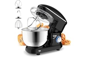 CCN Amasadora, 1500W Amasadora con gancho de amasar, máquina de masa de 6 velocidades con 5,5 litros tazón de acero inoxidable, todo el sistema de engranajes de metal