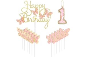 MCISKIN Happy 1st Birthday Butterfly Candles Cake Topper, rosa oro numero 1 candela per torta, decorazioni per torta per il 1° compleanno delle ragazze, farfalla rosa 1 ° compleanno, decorazione per torta a