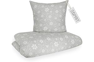 ESPRIT HOME Esprit Flanell Bettwäsche 135x200 Baumwolle Grau Schneeflocken - Luxus Bettwäsche-Set 2teilig - kuschelig & flauschig - 135 x 200 - Bettwäschebezug & Kopfkissenbezug 80x80cm - Winter & Weihnachten