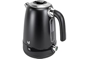 ‎IMPOLIO Impolio Retro Wasserkocher 1,7 L, mit Temperatureinstellung, Retro Vintage, Kettle Matt Schwarz, TÜV Rheinland GS Zertifiziert, 2200W, Wasserkessel mit Überhitzungsschutz