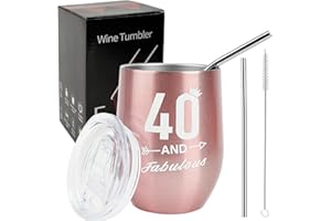 Nswayy Copas de Vino de Acero Inoxidable,Copas de Vino Regalos de 40 Cumpleaños para Mujeres con Cepillo de Limpieza Vasos de Acero Inoxidable Oro Rosa Regalos Cumpleaños Regalo Dia de la Madre