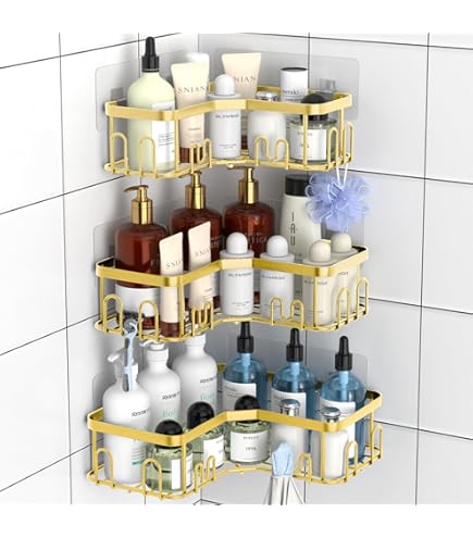 Support Sans Perçage 18kg Lot De 3 étagères De Douche YASONIC Sans Perçage - Acier Inoxydable Avec 8 Crochets - Blanc Etagere De Douche Sans Percage