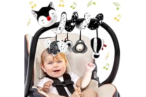 Kulveanju Espiral Carro Bebe Juguetes 6-12 Meses, Actividades Bebe Carrito Juguetes Colgantes con Música y Sonajero, Sensoriales 0-6 Meses, Juguetes de Asiento de Coche de Bebé, Zorro Blanco y Negro
