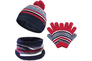MORIASTER Set di Guanti per Sciarpa con Cappello Invernale per Bambini, Guanti con Ghetta per Scaldacollo in Maglia Lavorata a Maglia per Neonato 3PC, Cappellini con Strisce in Pom per Ragazzi Ragazze Bambini