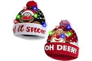 HOTUVEP Light Up Christmas Hat, Glow In The Dark Christmas Cap with Replaceable Battery, Unisex LED Santa Hats, Xmas Beanie Knitted Hat Christmas Party Cap for Kids Adults