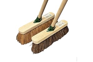 MAXLAND NEW 12" INCH TWIN PACK OF TRADITIONAL WOODEN SWEEPING BRUSHES - X1 STIFF OUTDOOR YARD SWEEPING BRUSH & X1 SOFT COCO BROOM WITH HANDLES