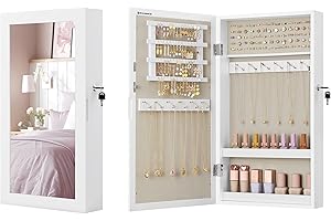 SONGMICS Armoire à Bijoux Murale, Organisateur de Bijoux, Rangement, Verrouillable, avec Miroir, Peu Encombrant, Surface en Blanc et Doublure en Grège JJC051W02