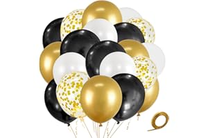 ASIYUHY Black Gold Balloons Pack of 50 Metallic Gold Black and White Latex Balloons Set 12 inch Confetti Balloons Helium Balloons 1 roll of ribbon for Wedding Birthday Graduation Party Decoration