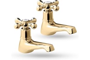 Deva Tudor Basin Traditional Gold Brass Victorian Style-Hot & Cold Cross Head Lever Handle-Pair of Bathroom Tap Toilet Sink Wash Faucet Set of 2 TUD01/501 – 12 Year Warranty, Pieces