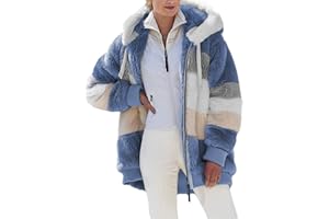 Dokotoo Womens Fuzzy Fleece Coat Colorblock Cardigan Jacket Open Front Hooded Drawstring with Pocket Outwear UK S-XXL
