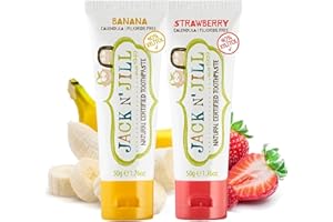 JACK N' JILL Jack N’ Jill Natural Certified Kids Toothpaste – Fluoride-Free Toddler & Baby Toothpaste with 40% Xylitol, No Sugar, Suitable from 6 Months+, Banana & Strawberry Flavour, Pack of 2 (50g Each)