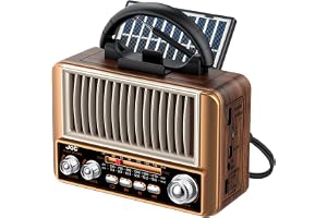 Bärbar radio: Vintage liten radio med träimitation och telefonhållare, utmärkt mottagning, retro vintage radio med solpanel för äldre