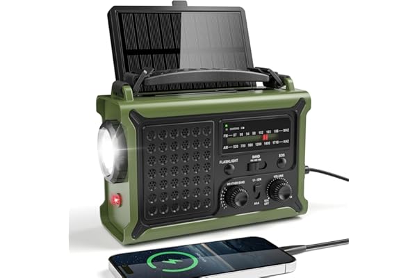 Solar Radio, Radio à Manivelle AM/FM avec 12000mAh Power Bank pour Le Chargement d’Urgence du Téléphone Intelligent, 5 Méthodes de Chargement, Prise Casque, SOS Alarme pour Le Camping, Urgence