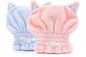 BoloShine Serviette Cheveux Bonnet 2pcs, Serviette Séchage Cheveux Microfibre,Super Absorbent Enrouler Turban, Chat Oreille Mignonne Cheveux Serviette Séche Rapide pour Femme Enfant(Rose+Bleu)