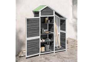 Homgoday Geräteschuppen Gartenschrank Geräteschrank Gerätehaus Gartenhaus Holzschuppen Werkzeugschrank mit Tür und Satteldach Grau 120x53,5x170 cm Massivholz Kiefer