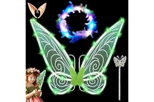 SHENGRUILI LED Feenflügel Leuchtende,Feenflügel Kinder,Schmetterlingsflügel mit Elfenöhren,LED Feder Stirnbänder und Schmetterling Feenstäbe,Fairy Wings,Flügel Fee,für Halloween,Karneval,Party,Fasching Kostüm