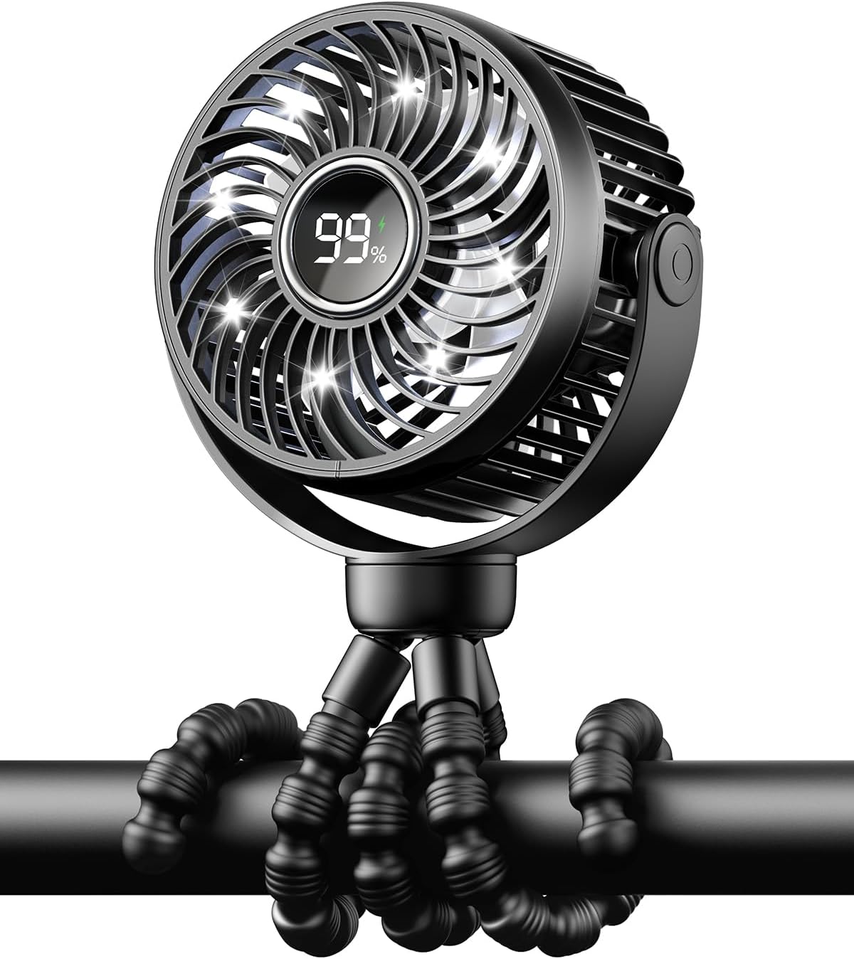 Bearwind Mini Portable Pram Fan, Rechargeable Clip On Fan for Stroller, Digital Display & Night Light, 4 Speeds, 360° Rotate Flexible Tripod Cooling for Buggy, Pushchair, Car Seat, Travel (Black)